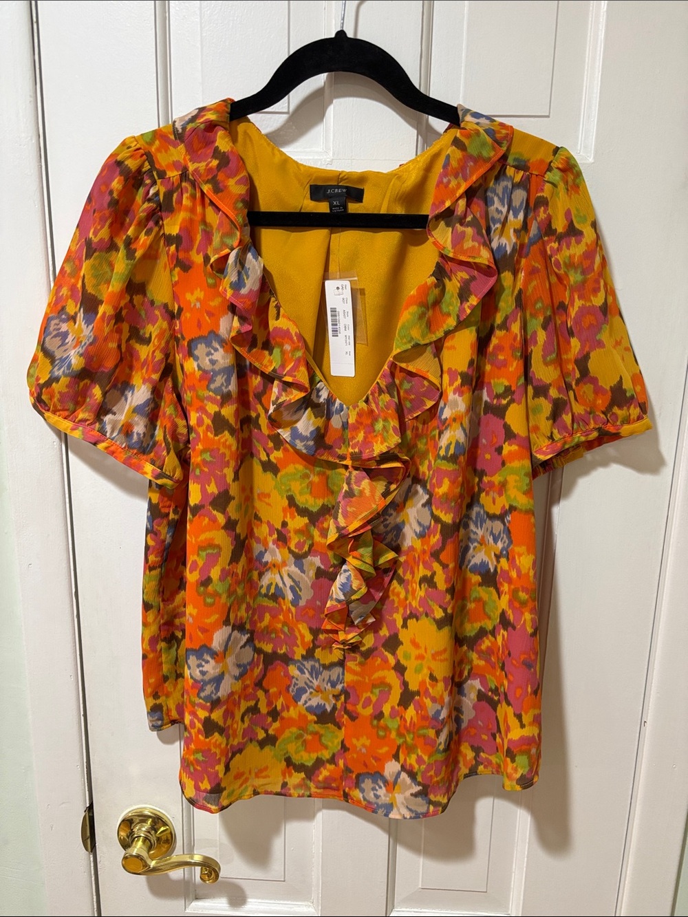 J. Crew Yellow Floral Ruffle V-Neck Blouse